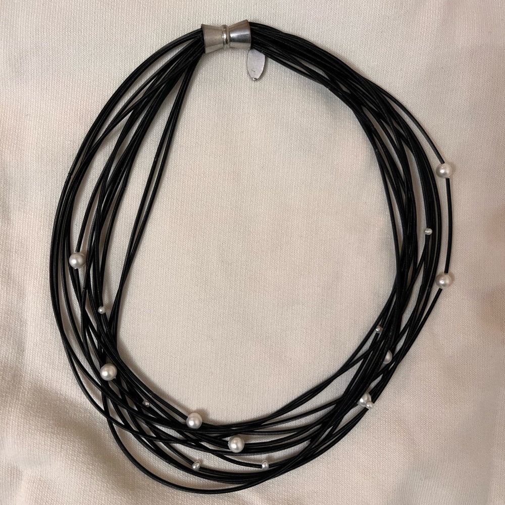 Designer Black and Pearls Multi Strands Elastic Necklace. Magnetic Closure